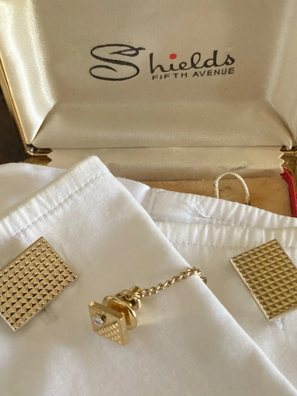 Vintage Pierre Cardin Tie Tack & Shields Pyramid Cufflinks – Gold Tone 1970s